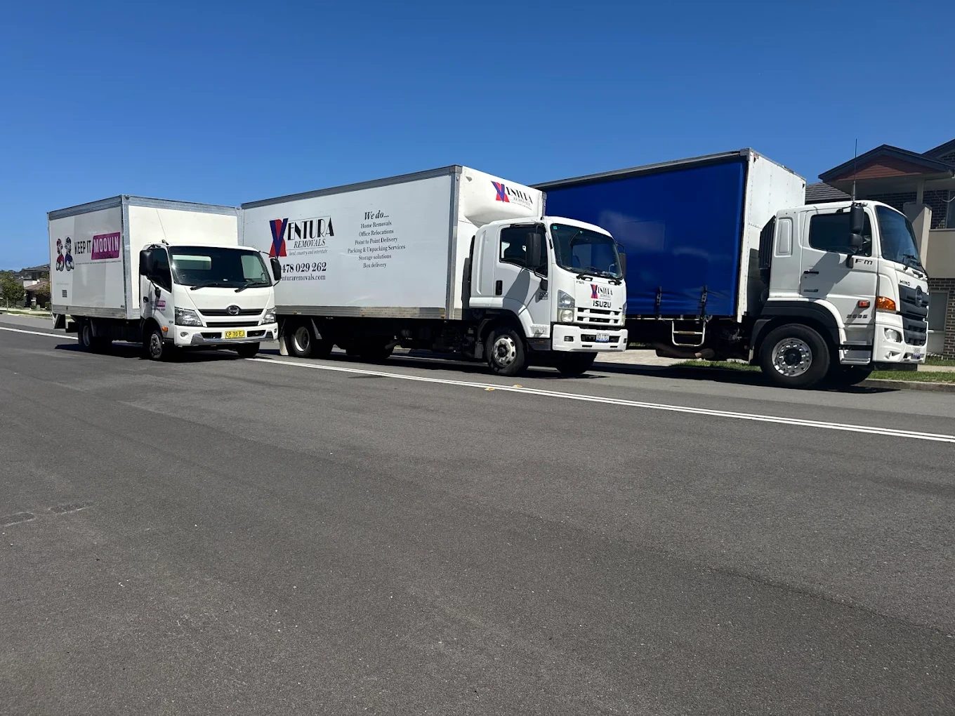 Three removal trucks parked in a row